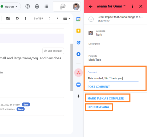 Click the Asana icon on the right side of your inbox to view task details and post comments